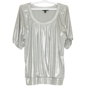 INC Top Shimmer Metallic Silver Plus Size 3X Slinky Stretch Blouson Y2K Disco
